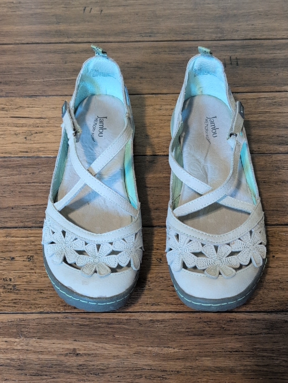 Jambu Women's Beige Floral Cutout Mary Jane Flats with Mint Accents